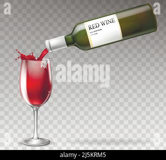 Vector 3D realistic bottiglia di vino è versare liquido in wineglass, vetro trasparente con etichetta. Tazza con bevanda a spruzzo rossa, bevanda alcolica con goccia Illustrazione Vettoriale