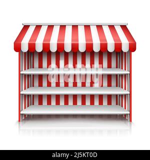 Illustrazione vettoriale realistica dello stallo del mercato con tenda a strisce rossa e bianca isolata sullo sfondo. Mockup di stand con baldacchino, showcase vuoto wi Illustrazione Vettoriale
