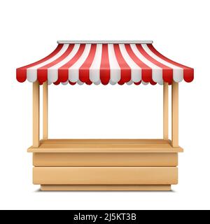 Illustrazione vettoriale realistica di stallo vuoto del mercato con tenda a strisce rossa e bianca isolata sullo sfondo. Mockup di bancone in legno con baldacchino per Illustrazione Vettoriale
