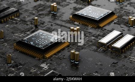 Primo piano di una scheda madre o di una scheda a circuito stampato con diversi sistemi, microswire e circuiti, nonché fili e luci incandescenti Foto Stock