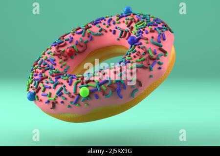 Ciambella con ghiaccio e spolverare su sfondo verde. Levitazione. 3D rendering Foto Stock