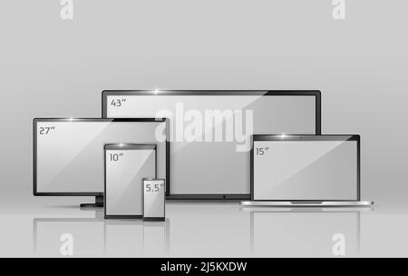 Vector 3D raccolta realistica di diversi schermi: Notebook, smartphone o tablet. Tecnologia digitale moderna in variazioni di dimensioni. TV widescreen, imp Illustrazione Vettoriale