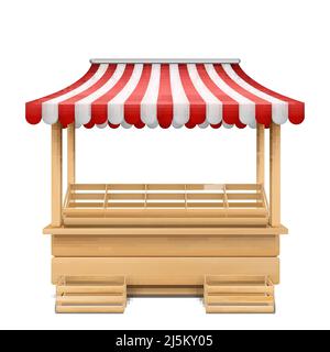 Illustrazione vettoriale realistica di stallo vuoto del mercato con tenda a strisce rossa e bianca isolata sullo sfondo. Mockup di bancone in legno con baldacchino per Illustrazione Vettoriale