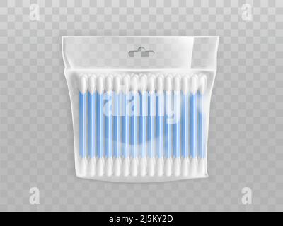 Bastoncini o bastoncini di cotone in confezione di plastica bianca con vettore realistico hang hole isolato su sfondo trasparente. Igiene o cosmetologia prodotto mock-u Illustrazione Vettoriale