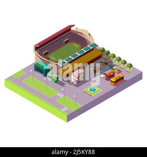 Stadio isometrico pubblico cittadino con campo da calcio, pista di atletica all'interno e area parcheggio con caffetteria e fontana all'esterno di 3D isola vettoriale Illustrazione Vettoriale