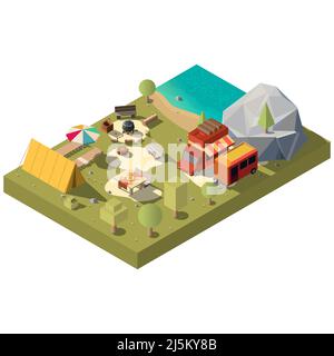 Campeggio sul fiume o lago vettore isometrico con rimorchio da campeggio e furgone, tenda turistica, cavoldro su fossa di fuoco e tavola cena 3D illustrazione. OU Illustrazione Vettoriale