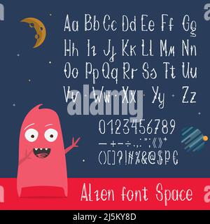 Cartoon vettore latino ABC con divertente personaggio alieno che mostra spazio caratteri stilizzati maiuscoli, lettere minuscole, numeri e simboli. Alfabeto inglese w Illustrazione Vettoriale