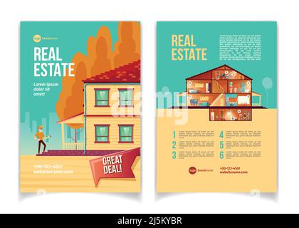 Nuovo immobile oggetto cartoon vettore pubblicità brochure, volantino con uomo felice in piedi su portico cottage con chiave in mano, casa camere sezione trasversale Illustrazione Vettoriale