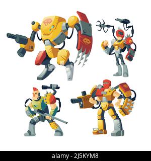 Vettore cartone animato robot guardie, umano in Exoscheleton armatura. Battaglia androidi con intelligenza artificiale isolato su sfondo bianco per i giochi. Futurista Illustrazione Vettoriale