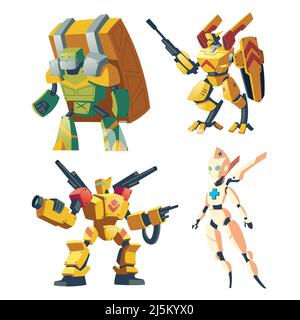 Robot di combattimento vettoriali per il gioco di ruolo del video gioco. Battaglia androidi. Medico, portatore con intelligenza artificiale in armatura protettiva isolato su Illustrazione Vettoriale