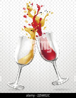 Si ispisce al concetto vettoriale realistico con spruzzi di vino rosso e bianco, fuoriuscite da vetri clinking Wineglasses 3D illustrazione isolata su una ba trasparente Illustrazione Vettoriale