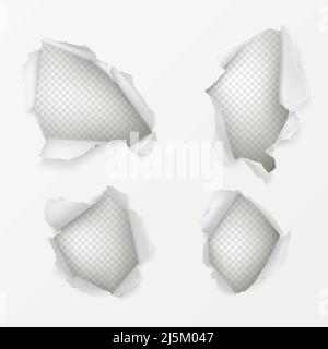 Set di vari fori di forma con bordi strappati nel foglio di carta 3D illustrazione vettoriale realistica su sfondo trasparente. Superficie bianca lacerata o danneggiata. Illustrazione Vettoriale