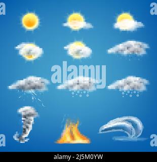 Vector 3D insieme realistico di icone meteo per interfacce web o app mobili, isolate su sfondo blu. Simboli meteorologici clipart, soleggiato d Illustrazione Vettoriale