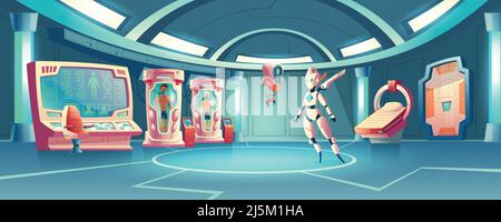 Camera di anabiosi di sfondo vettoriale con telecamere di ibernazione, robot medico per controllare il sonno degli astronauti. Orlop dell'astronave con congelamento criogenico Illustrazione Vettoriale