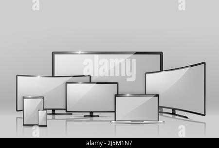 Vector 3D raccolta realistica di diversi schermi: Notebook, smartphone o tablet. Tecnologia digitale moderna in variazioni di dimensioni. TV widescreen, imp Illustrazione Vettoriale
