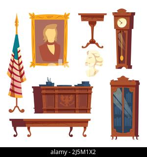 Collezione vettoriale cartoon di mobili da casa bianca, ufficio ovale. Gabinetto di un presidente degli stati uniti d'America. Mobili in legno, classici Illustrazione Vettoriale