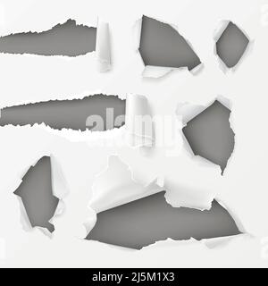 Set di vari fori di forma e giochi con bordi strappati e arrotolati in foglio di carta bianca 3D vettore realistico. Sfondo lacerato e danneggiato con copyspac Illustrazione Vettoriale