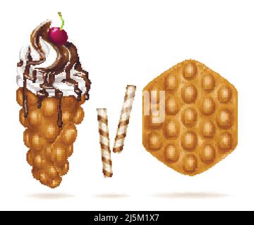 Illustrazione vettoriale realistica di appetitosi waffle a bolle d'uovo di Hong Kong con gelato, ciliegia fresca decorata, cioccolato versato. Dolce desa belga Illustrazione Vettoriale