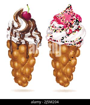 Appetitosi waffle a bolle d'uovo di Hong Kong con gelato, ciliegie fresche decorate e spolverini colorati, condimento al cioccolato versato e sciroppo di frutta realistico Illustrazione Vettoriale