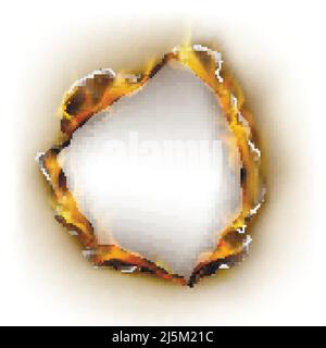 Carta bruciata vettoriale realistica, foro circolare acceso con bordi incrinati. Effetto di fiamma, sgranatura su pagina bianca. Foglio bianco bruciato, trama bruciata. B Illustrazione Vettoriale