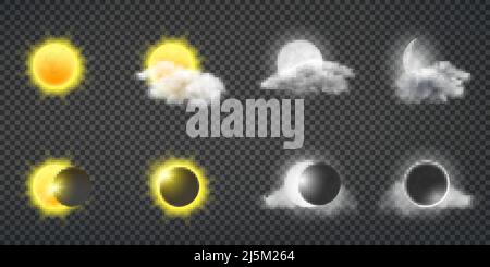Attività Sun o previsioni meteo, calendario lunare 3D elementi realistici di design vettoriale. Sole, luna piena e giovane dischetti nelle nuvole e durante l'eclisse i Illustrazione Vettoriale