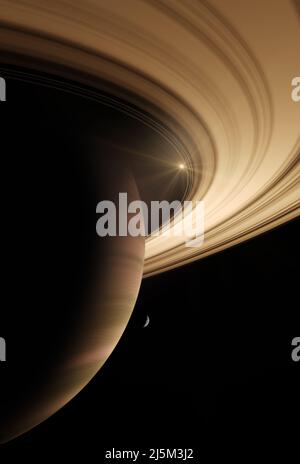 3D Render, pianeta gigante del gas nello spazio profondo. Saturno pianeta e anelli da vicino Foto Stock