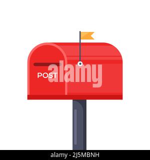 Mailbox con sportello chiuso e bandiera sollevata. Scatola rossa per lampione, isolata su sfondo bianco. Illustrazione vettoriale Illustrazione Vettoriale