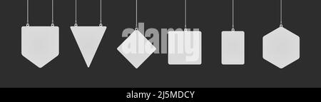 Set di svincolatori triangolari, diamantati, rettangolari ed esagonali appesi al soffitto in un mockup realistico. Mock up di pubblicità di promozione puntatore per superma Illustrazione Vettoriale