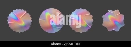 Adesivo olografico con foglio di arcobaleno mockup realistici con texture e pieghe. Simbolo di autenticità in metallo o etichetta ufficiale di olografia. Garanzia vettore ce Illustrazione Vettoriale