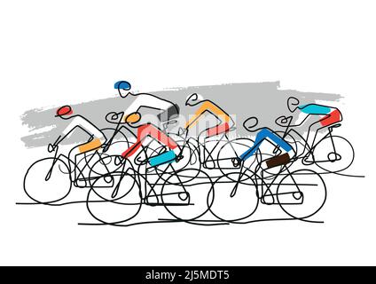 Gara ciclistica, cartoon stilizzato line art. Illustrazione di un gruppo di ciclisti su una strada. Disegno linea continuo. Vettore disponibile. Illustrazione Vettoriale