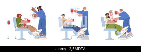 Caratteri volontari piatti seduti in sedie mediche ospedale donando sangue. Infermieri di laboratorio e donatori persone in trasfusione procedura. Donazione di assistenza sanitaria. Giornata mondiale dei donatori o concetto di beneficenza sanitaria. Illustrazione Vettoriale