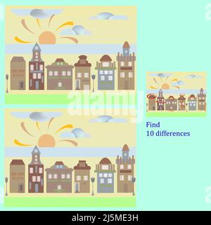 il rebus per i bambini sotto i 6 anni trova 10 differenze nelle case Illustrazione Vettoriale
