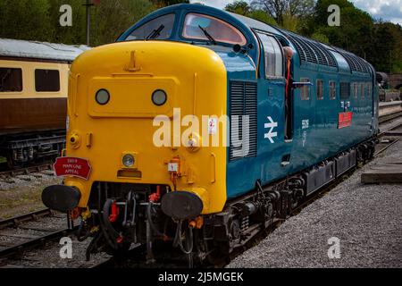 Ex BR Classe 55 'Deltic', 55019 chiamato 'Royal Highland Fusilier' che opera nella stazione di Wirksworth, sulla ferrovia della Valle di Ecclesbourne. Foto Stock