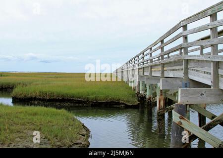 Ampia vista sulla bassa marea del lungomare di Bass Hole a Gray's Beach, Yarmouth Port, Massachusetts, a Cape Cod Foto Stock