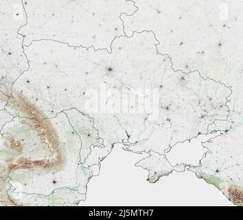 Mappa fisica dell'Europa, dell'Ucraina e dei confini. Russia e Bielorussia, Crimea e Mar Nero. Confini e province dell'Ucraina, mappa. Manovre militari Foto Stock