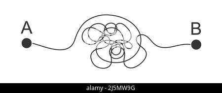 Linea curva da A a B punti. Modo difficile, piano caotico, sfida dura, lungo simbolo di strada isolato su sfondo bianco. Illustrazione grafica vettoriale. Illustrazione Vettoriale