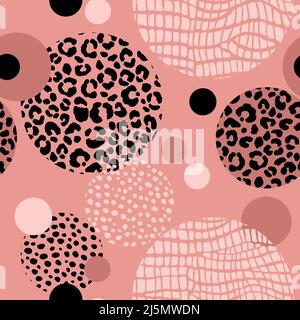 Astratto moderno leopardo motivo senza giunture con cerchi. Animali sfondo alla moda. Illustrazione vettoriale decorativa a colori per stampa, cartoncino, tessuto Illustrazione Vettoriale