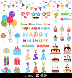Felice compleanno icone piatto set. Elementi colorati Illustrazione Vettoriale