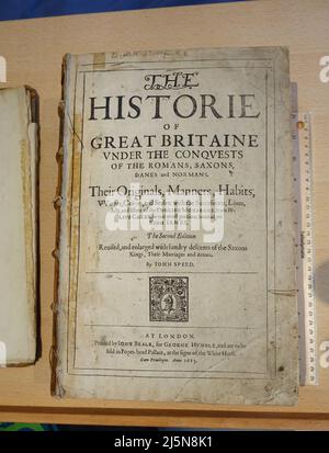 Pagina del titolo della copia del 1623 di John Speed's Historie of Great Britaine Foto Stock