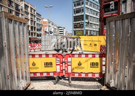 Istanbul, Turchia. 24th Apr 2022. Per lavori di manutenzione e riparazione, l'area intorno alla statua del toro è stata chiusa per protezione. I lavori di manutenzione e riparazione della statua del toro, uno dei simboli del distretto Kadikoy di Istanbul, sono iniziati dal comune metropolitano di Istanbul ( IBB ). Si dice che ci vorrà 15 giorni. Fu creato nel 1864 dallo scultore francese Isidore Jules Bonheur. Credit: SOPA Images Limited/Alamy Live News Foto Stock