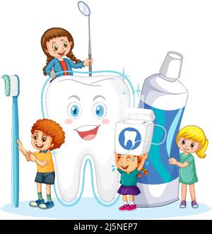 Bambini felici che tengono spazzolino dentifricio e filo interdentale su sfondo bianco illustrazione Illustrazione Vettoriale