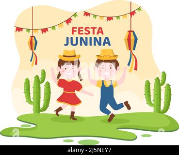 Festa Junina o Sao Joao Celebration Cartoon Illustrazione resa molto vivace da Singing, Dancing Samba e giocando Giochi tradizionali vengono dal Brasile Illustrazione Vettoriale