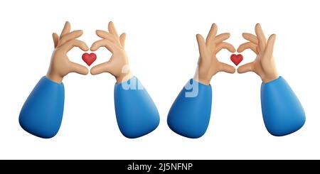 Mano umana che tiene il cuore volante. Set mani antiappannamento a due lati. Fare il simbolo del cuore con il gesto delle dita. Rendering realistico di alta qualità 3D isolato su sfondo bianco. Foto Stock