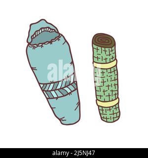 Sacco a pelo e karemat disegnati a mano, illustrazione vettoriale colorata Illustrazione Vettoriale