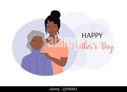 Biglietto di auguri per il giorno delle madri felici. Anziana donna afroamericana e figlia adulta insieme. Famiglia femminile sorridente. Illustrazione piatta vettoriale. Madri Illustrazione Vettoriale