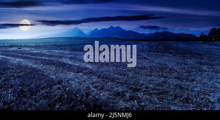 beautiful rural landscape of slovakia at night. idyllic countryside scenery with, fields in summer. high tatra mountain ridge in the distance in full Foto Stock