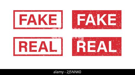 Timbro in gomma per supporti e documenti falso e vero grunge. Adesivo con segno falso e reale. Simbolo di verità e menzogne. Grunge rosso vintage etichetta quadrata Illustrazione Vettoriale
