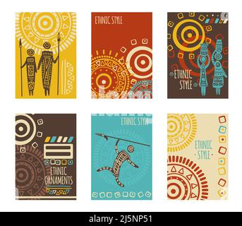 Set di banner etnici, sfondo, volantino, cartellone con ornamenti tribali. Poster verticale, scheda modello, adesivo con motivi geometrici e silhouette Illustrazione Vettoriale