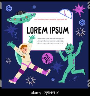 Avventure spaziali per bambini. Modello di poster o banner sulla scoperta e l'esplorazione dello spazio con bambini astronauti o cosmonauti e personaggi alieni, f Illustrazione Vettoriale