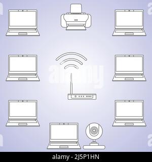 Set di apparecchiature per computer digitale. Set di diverse sagome dispositivi digitali e strumenti icone vettoriali lineari isolate sullo sfondo. Illustrazione vettoriale Illustrazione Vettoriale